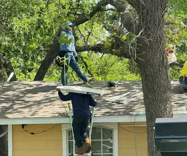 Roofers on a house working near a large tree. One on the roof, one on a ladder holding material.